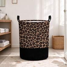 1 buah Keranjang Cucian Bulat Motif Leopard & Hitam dengan Pegangan, Keranjang Penyimpanan Pakaian Kotor Lipat Kapasitas Besar, Tempat Penyimpanan Serbaguna untuk Kamar Tidur, Kamar Mandi, Ruang Cuci, Asrama, Dekorasi Rumah - MultiWarna - View 3