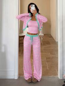 Bộ 2 món áo cardigan dáng ngắn kẻ sọc và quần ống rộng cho nữ, trang phục lễ hội âm nhạc co giãn vừa - Nhiều màu - Xem 3
