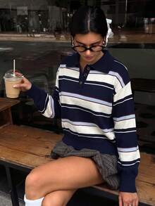 Striped Polo Knit Sweater, Long Sleeve Navy Blue Pullover, Ribbed Trim, Relaxed Fit, Casual Everyday Preppy Fall Winter Outfit For Women - Navy Blue - View 5