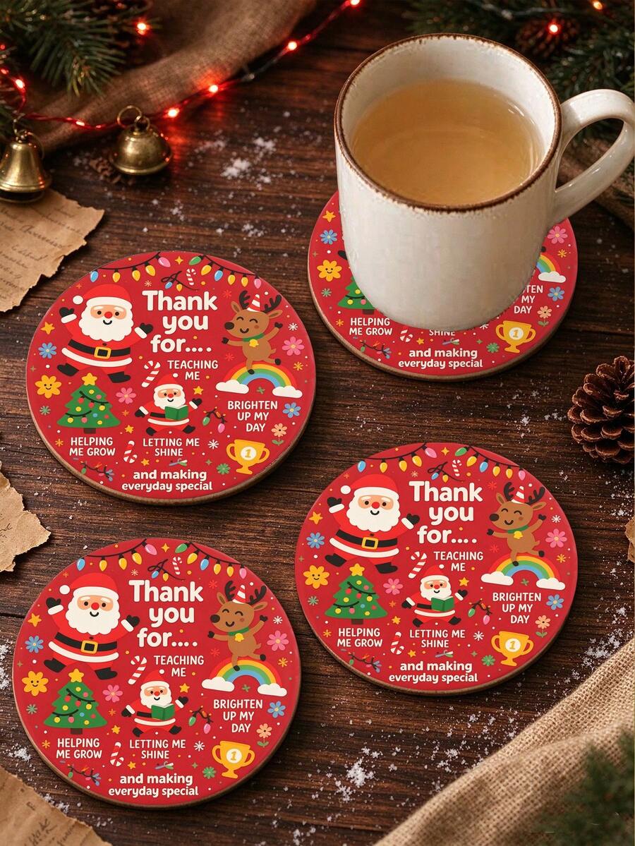 8/4/1pc Christmas Thank You Wooden Coasters, Heat-Resistant Coffee Cup Insulation Pads, Holiday Stocking Stuffer Gifts, Festive Home Desktop Decor, Teacher Appreciation Holiday Gifts, Kitchen Dining Table Decoration - Multicolor - View 1