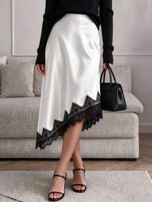 Women's Casual Inner/Outer Wear Solid Color High-Quality Satin Asymmetric Hem Lace Patchwork Mid-Length A-Line Skirt - White - View 4