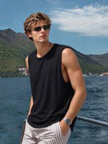 Camvyn Men's Summer Casual Versatile Plus Size Crew Neck Tank Top - Black - View 1