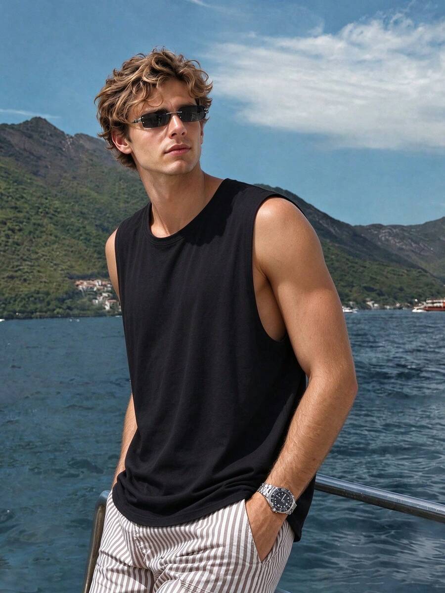 Camvyn Men's Summer Casual Versatile Plus Size Crew Neck Tank Top - Black - View 1