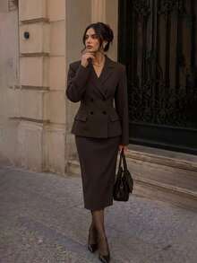 Elegant Women's Lapel Double-Breasted Blazer And Skirt Set, Suitable For Autumn Workplace Or Business Wear - Brown - View 4
