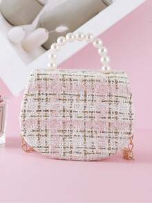 1pc Mini Flower Decor Plaid PU Material Chain Strap Flap Closure Small Bag Cute Beaded Girls Handbag One Shoulder Crossbody Bag Girls Children Bag Handheld Coin Purse Suitable For Holiday And Daily Use - Pink - View 4