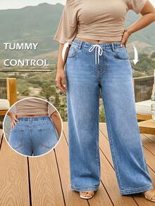 Plus Size Women's Straight Leg Jeans, High Waist Drawstring Loose Fit, Casual Autumn Outfit, Suitable For Dating, Dancing, Vacation And Party - Blue - View 6