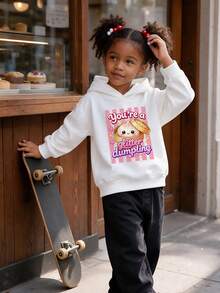 Girls Cute Glitter Dumpling Cartoon Print Hooded Sweatshirt, Casual Soft Long Sleeve Pullover, Suitable For Young Girl - White - View 11