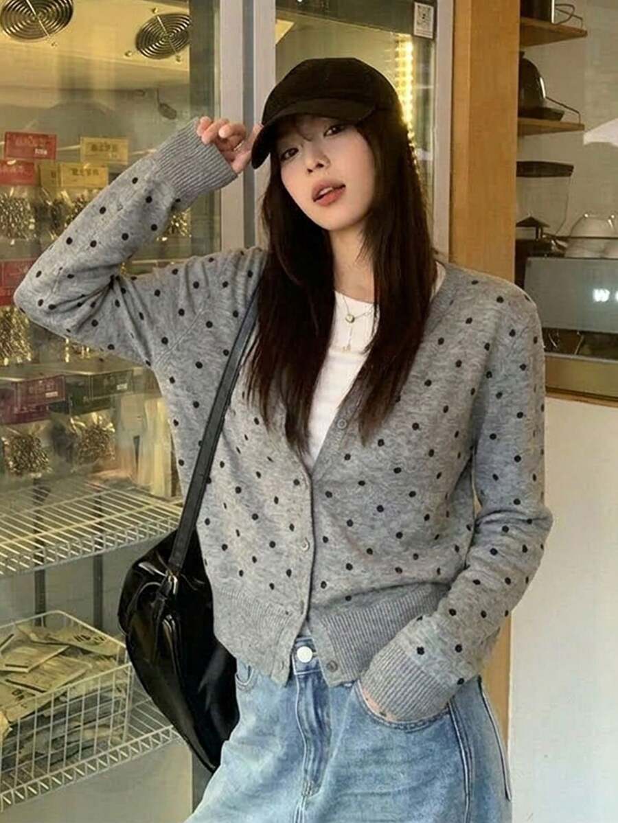 Women's Polka Dot Knit Cardigan Jacket, Versatile Lazy Style Outerwear Top, Autumn/Winter - Grey - View 1