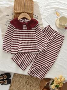 Bộ 2 món đồ thu cho bé gái: áo tay dài cổ Peter Pan kẻ sọc và quần dài thường ngày - Đỏ - Xem 1