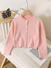 1pc Girls New Vintage Cable Knit Button Cardigan Sweater Jacket, Cute Minimalist Fashion Children's Daily Casual Versatile Long Sleeve Top - Pink - View 1