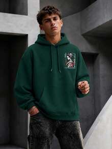 Krometka Men's Japanese Samurai Character Graphic Hoodie, Streetwear Loose Casual Pullover - Green - View 2