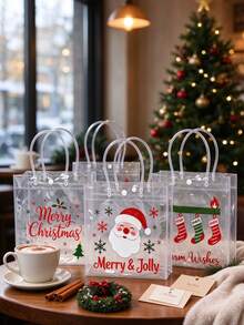 1 Set Transparent Christmas Gift Bags - Plastic Gift Bags With Handles And Ribbons, Suitable For Christmas Party Gifts - Multicolor - View 1