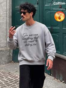 Autumn Winter Men's Fleece-Lined Crewneck Sweatshirt With English Letter Print Y2K - Heather Gray - View 5