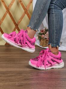 2026 New Women's Shoes: Pink Leopard Print Patchwork Chunky Heel Sandals, Neutral Style, Suitable For Daily Wear Or Sports - Hot Pink - View 4