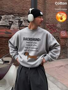 Men's Thermal Lined Crew Neck Sweatshirt, Dachshund Letter Graphic, Y2K Style, Autumn/Winter - Heather Gray - View 4