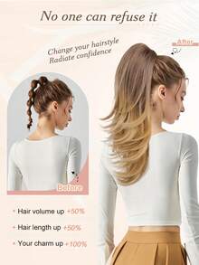 20inch Drawstring Ponytail Extensions Clip In Ponytail High Layered Wavy Pony Tail Light Brown Hair Extensions Synthetic Clip In Hairpiece For Women, Halloween - Light Brown - View 5