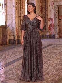 MGIACY Plus Size Fall Winter Elegant Surplice V-Neck Puff 3/4 Sleeve Sequin A-Line Maxi Dress Evening Gown For Party Wedding Prom Festival - Watermelon Pink - View 4