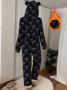 Women's Soft Coral Fleece One-Piece Pajamas, All-Over Pink Bow Pattern, Hooded 3D Bear Ear Design, Zipper Closure For Easy Wear, Thick Plush One-Piece Loungewear, Sweet Loose-Fit Home Sleepwear - Black - View 6
