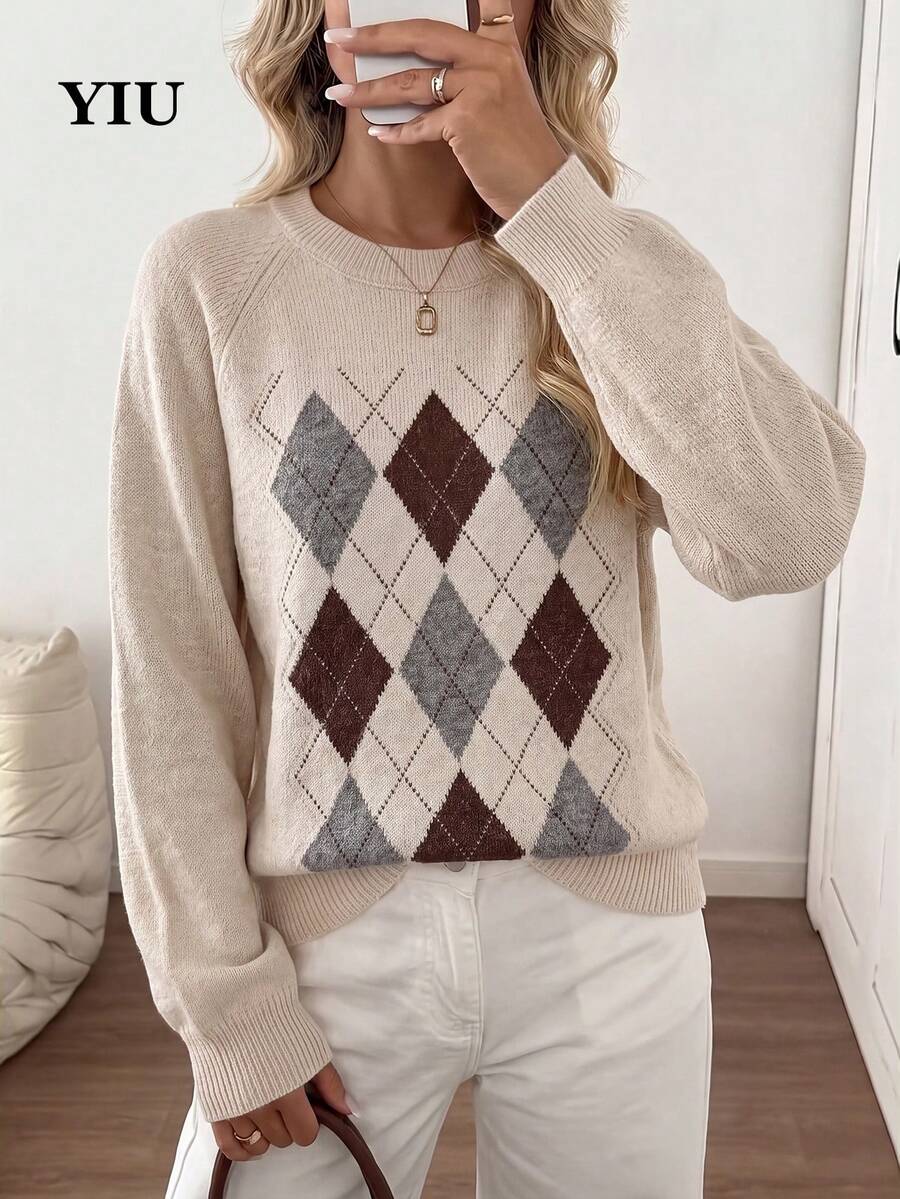 YIU LUMOS Women's Multicolor Argyle Sweater, Cream Diamond Pattern Round Neck Long Sleeve, Preppy French Chic Pullover For Fall Winter Daily - Multicolor - View 1