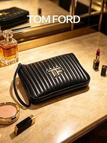 TOM FORD Quilted Cosmetic Pouch, Black Vertical Stitch Makeup Bag With Wrist Strap, Luxury Gold TF Logo Portable Zipper Toiletry Organizer For Beauty Essentials - Black - View 3