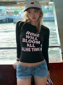 Minimalist American Style Pink Text Print Black Short Long Sleeve T-Shirt, Elastic Slim Fit, Petite Inner Layer/Outer Wear Autumn Base Layer - Black - View 5