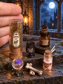 Mini Witch Scene Potion Bottle And Magic Book Decor Set, Fantasy Apothecary Style Desktop Miniature Display, Dollhouse Gothic Alchemist Style Collectible - one-size - View 2