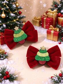 2pcs Christmas Tree Hair Bows For Girls Cute Alligators Clips Fall Winter Festival Party Gift Daily Hair Clips Kids Hair Accessories - Multicolor - View 1