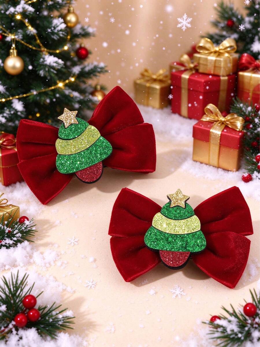 2pcs Christmas Tree Hair Bows For Girls Cute Alligators Clips Fall Winter Festival Party Gift Daily Hair Clips Kids Hair Accessories - Multicolor - View 1