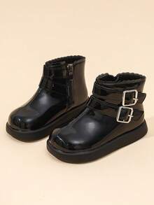 Rongshu Kids' Glossy Ankle Boots, Stylish And Comfortable Ankle Boots With Double Buckle Decor And Side Zipper, Suitable For Daily Wear - Black - View 3