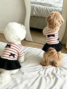 1pc Thickened Derong Short Sleeve Dog & Cat Dress, Simple Striped, Autumn/Winter, For Teddy, Pomeranian, Yorkshire Terrier, Bichon Frise, Pet Clothes - Red and White - View 3