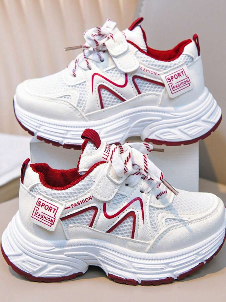 1 Pair Spring/Autumn Kids' Sports Shoes, Teen Student Campus Running Shoes, Mesh Breathable Athletic Sneakers - Red - View 1