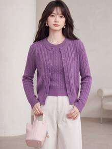 Women's New Autumn/Winter Casual Sleeveless Pullover And Cardigan 2 Pieces Set - Purple - View 7