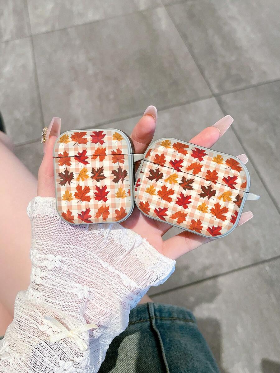 1PC Orange & White Plaid Colorful Maple Leaf Print Earphone Case, Compatible With AiPods1/2, AiPods3, AirPods4, AirPods5, AirPodsPro, AirPodsPro3, Full Coverage Anti-Drop Bluetooth Earphone Protective Cover - White - View 1