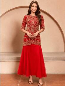 JINLICX Women's Modest Red Maxi Evening Gown Round Neck Gold Beaded Rhinestone Embroidery Mesh Flared Formal Dress For Wedding Party - Red - View 2