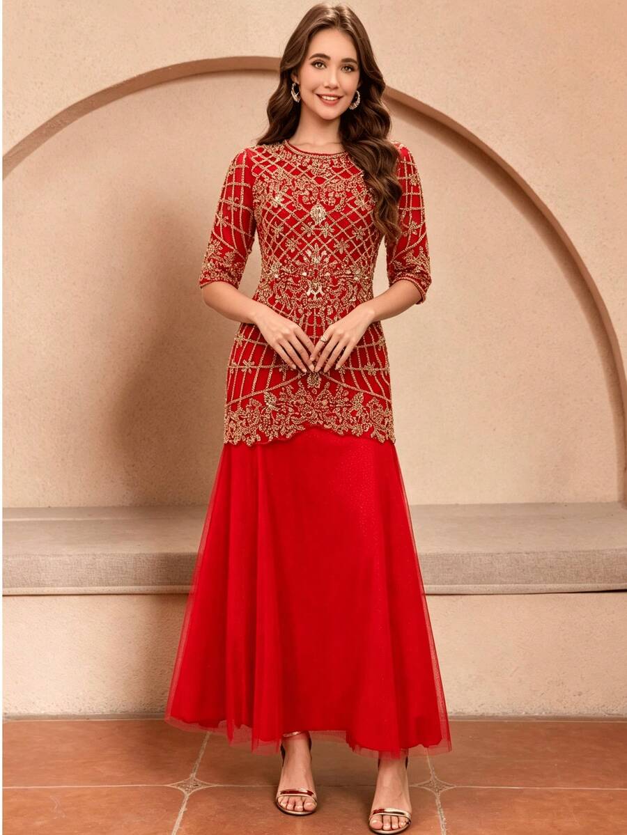 JINLICX Women's Modest Red Maxi Evening Gown Round Neck Gold Beaded Rhinestone Embroidery Mesh Flared Formal Dress For Wedding Party