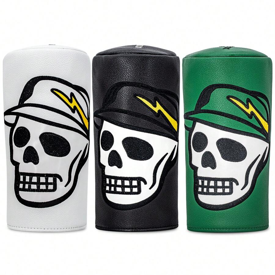 1PC Golf Driver Head Cover, Made Of PU Material, Decorated With Cool Embroidery Of Skull Wearing Cap And Yellow Lightning. Built-In Soft Inner Lining Shields Your Club From Scratches And Bumps. Edgy Stylish Golf Accessory For Golf Lovers. - Multicolor - View 1
