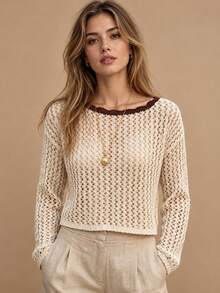 Elestia Top de punto para mujer con ribete en contraste, diseño calado y manga larga, ideal para la playa, uso diario, vacaciones y citas, otoño/invierno - Multicolor - Ver 1