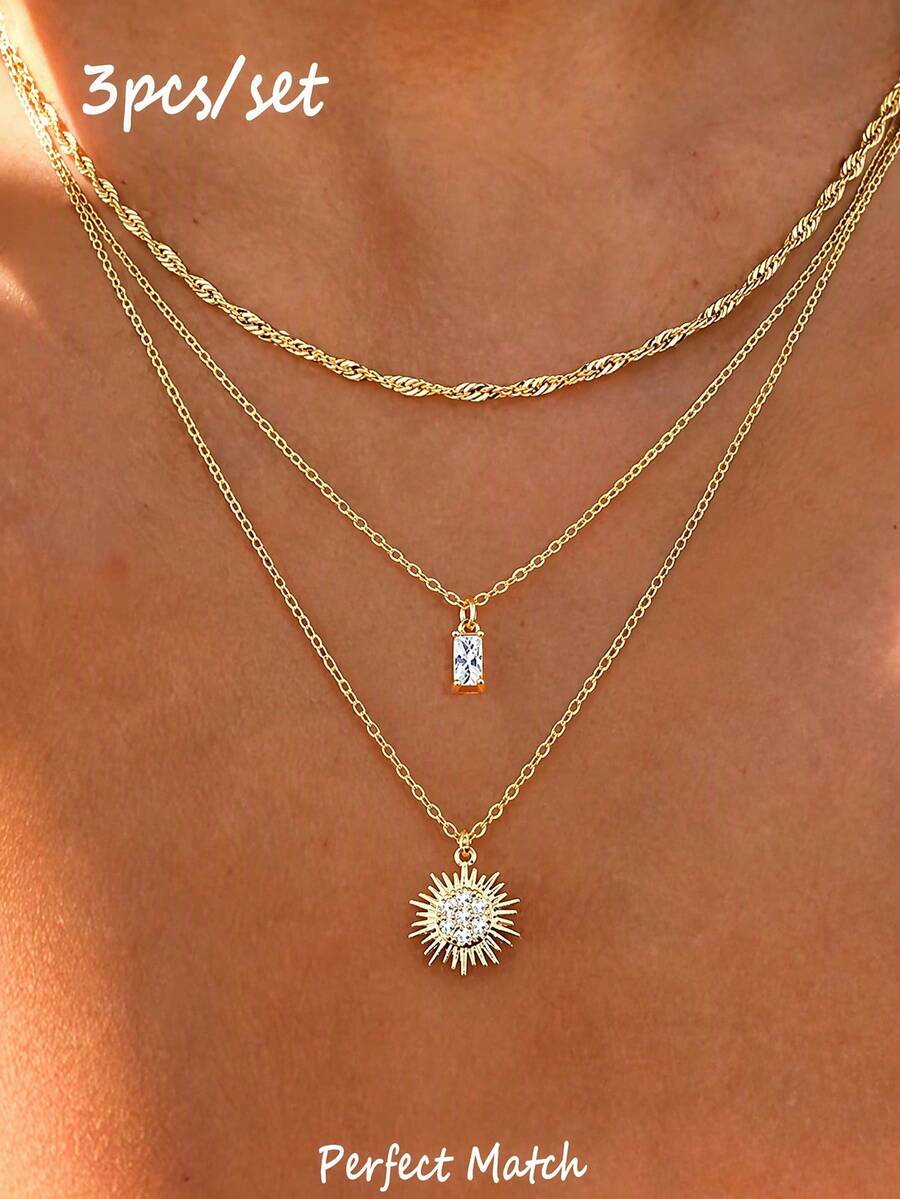 3pcs Women's Necklace Set, Metal Inlaid CZ Fashion Minimalist Geometric Sun Pendant Necklace Set, Suitable For Daily, Party And Date Wear