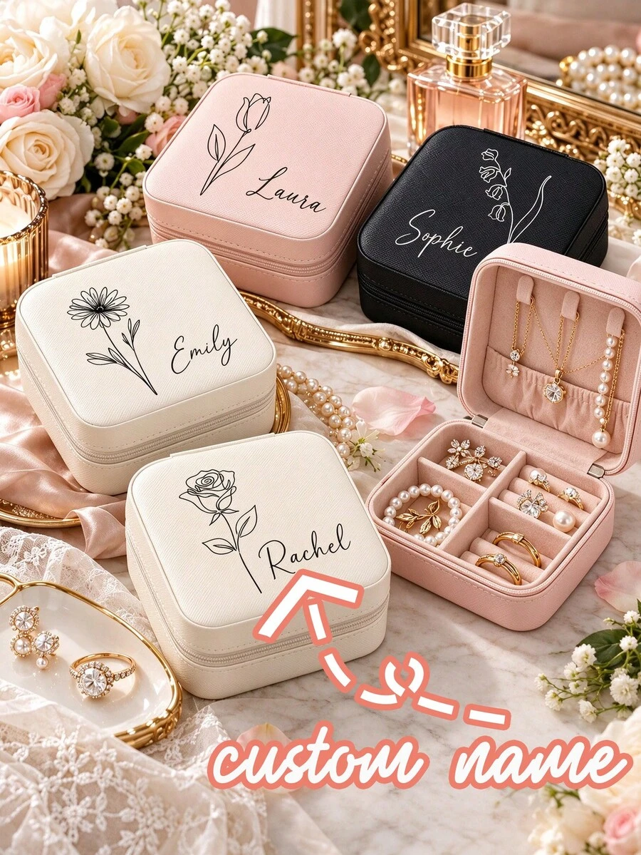 8pcs Customized Handwritten Name Line Daisy Rose Tulip Design Jewelry Box, Fashionable Women's Gift Artificial Leather Multi-Compartment Portable Earring Ring Storage Organizer With Zipper, Suitable For Travel, Camping, Holidays, Mother's Day Gift, Birthday Gift - Multicolor - View 1