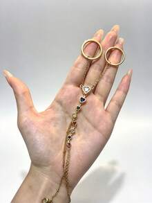 18K Gold Plated Colorful Gemstone Heart Hand Chain Bracelet, Connected Double Finger Ring Hand Harness, Dainty Women Hand Jewelry For Daily Party - Gold - View 4