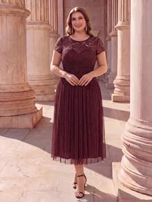 EVERPRETTY Plus Size Elegant Cap Sleeve Lace Patchwork A-Line Glitter Burgundy Formal Evening Gown Suitable For Wedding Guest Bride Mother Evening Party Dress - Burgundy - View 7
