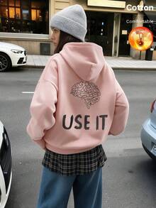Women's Autumn/Winter Hooded Sweatshirt, Brain Pattern With "USE IT" Graphic, Y2K Style - Sand Red - View 3