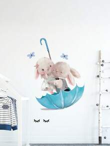 1 Set Kids Cartoon Rabbit Umbrella Wall Sticker, Cute Rabbit & Butterfly Pattern, Self-Adhesive Removable Decal, Suitable For Nursery, Wall Sticker - Multicolor - View 3