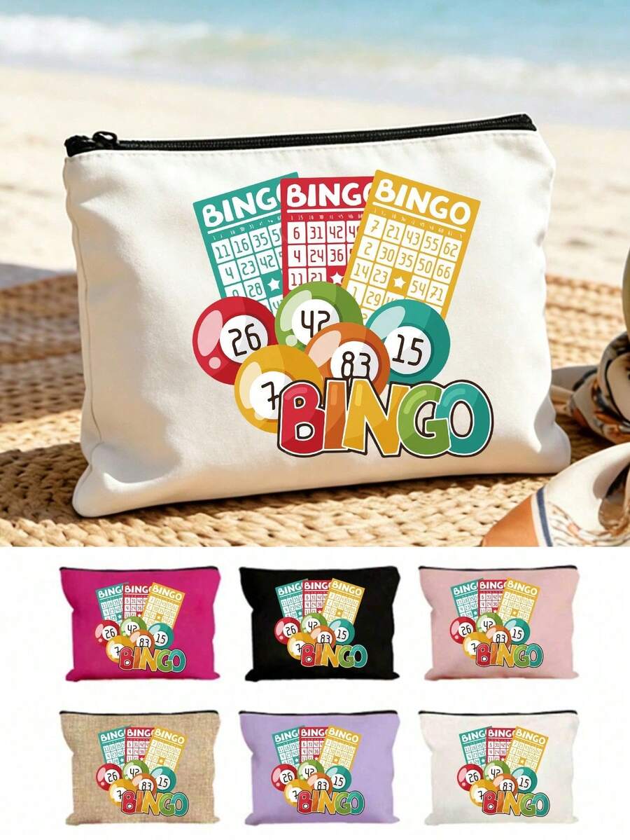 Bingo Letter Print Travel Toiletry Bag, Colorful Ribbon Decor, Cartoon Fun Multi-Function Canvas Bag, Charger Storage Bag, Travel Makeup Essentials Bag: Women's Travel Essentials Bag, Unisex Zipper Bag, Lightweight Travel - Multicolor - View 1