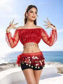 Women's Cold Shoulder Sheer Mesh Long Sleeve Crop Top With Beaded ...