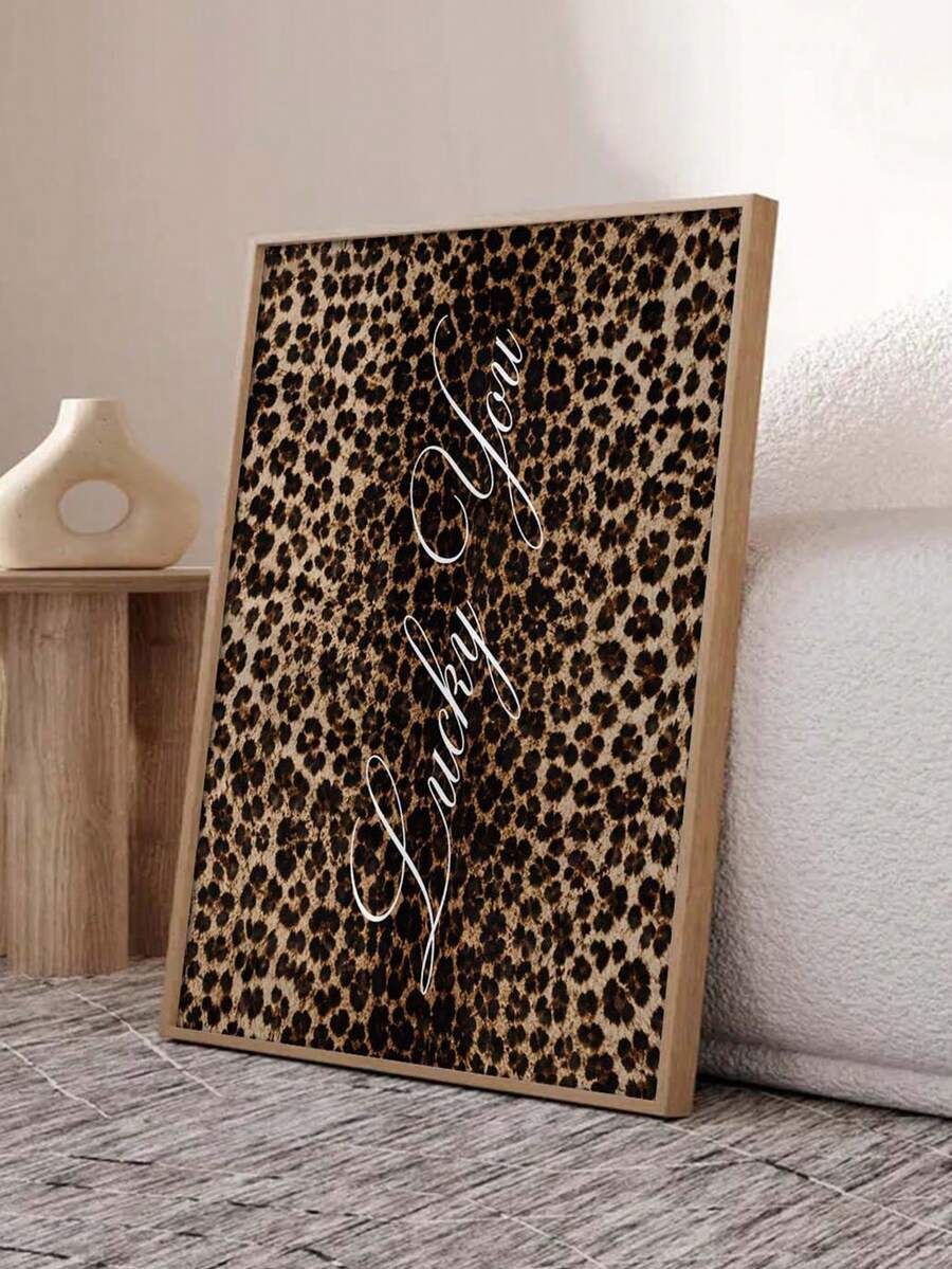 1pc 2D Flat Leopard Print & White Lucky You Wall Art Poster, Modern Home Decor Print