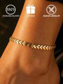 1pc 925 Sterling Silver Gold Plated Women's Anklet, Exquisite Fishbone Chain Design, Low Hypoallergenic, Suitable For Daily Wear - Gold - View 1