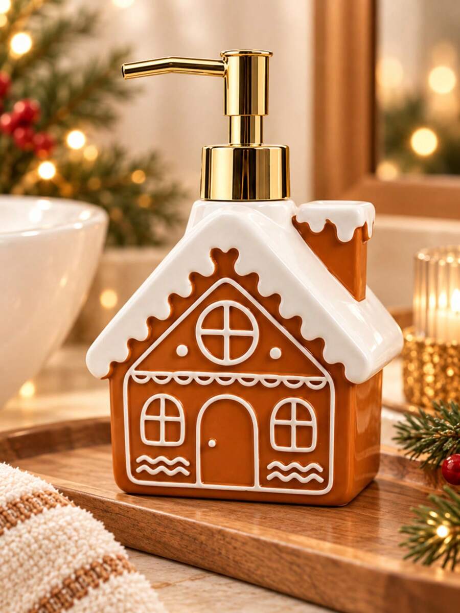 Exquisite Gingerbread House Shaped Press Soap Dispenser - Holiday Christmas Style Decor, Suitable For Hand Soap Or Dish Soap, Perfect For Bathroom And Kitchen Countertop - Multicolor - View 1