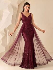 Elegant Mermaid Style Formal Evening Gown, Women's Sleeveless V-Neck Contrast Color Sequin Mesh Party Dress, Suitable For Prom, Wedding Guest, Graduation Ceremony, Autumn - Burgundy - View 10