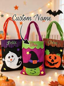 1pc Personalized Halloween "Trick Or Treat" Basket, Candy Bucket, Embroidered Name Bag, Happy Halloween Gift, Embroidered Name Storage Bag, Halloween Party Bag - Multicolor - View 1